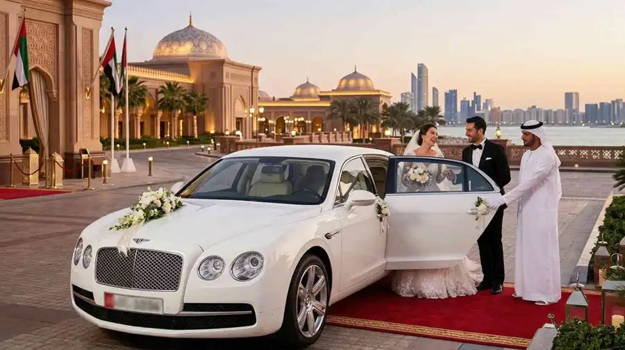 A bride and groom arriving in a white luxury Bentley decorated with flowers, showcasing the best wedding transportation in Abu Dhabi outside a grand palace hotel at sunset.