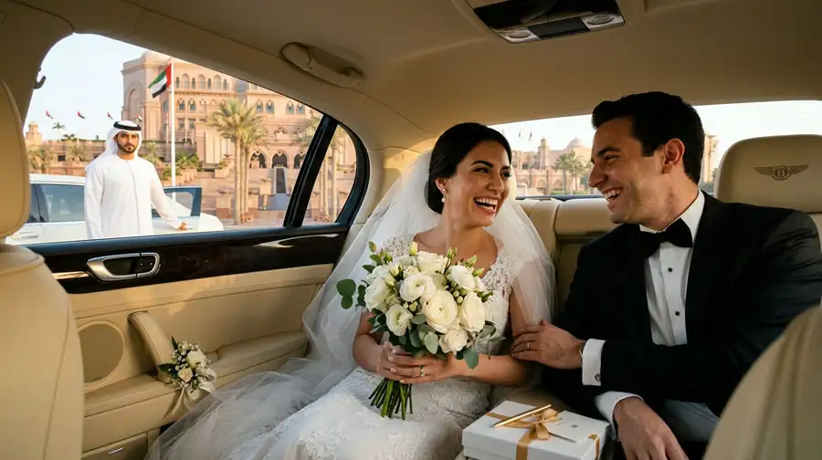 A joyful bride and groom share a laugh in a chauffeur-driven car, highlighting the premier wedding car hire in Abu Dhabi with a grand palace backdrop