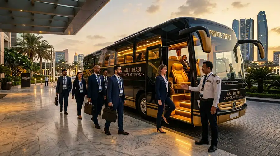 Professional delegates boarding a luxury coach outside a modern venue, illustrating how to choose the right bus for corporate events in Abu Dhabi.