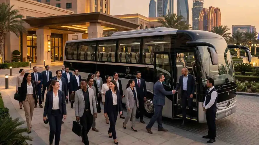 A diverse team arriving at an Abu Dhabi venue via luxury bus, highlighting best practices for booking executive event transportation in the UAE.