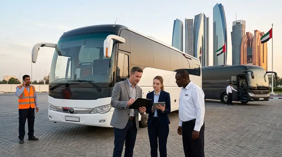 An event planner coordinates with a uniformed driver and logistics team near a high-end motorcoach, with the iconic Abu Dhabi cityscape behind them, illustrating effective group transportation selection for Dubai and UAE business functions.