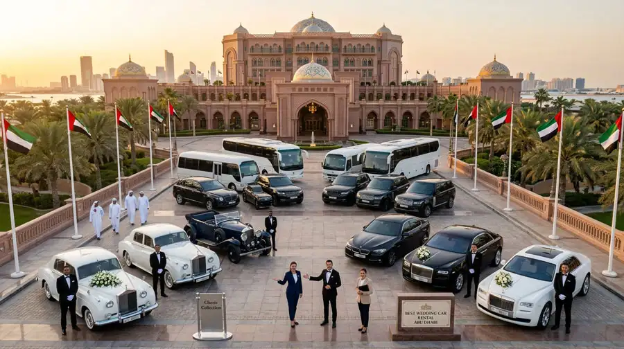 A wide selection of luxury wedding cars and buses in front of a majestic Abu Dhabi palace, illustrating a complete guide on how to choose wedding car rental in Abu Dhabi for a memorable entrance and guest travel.