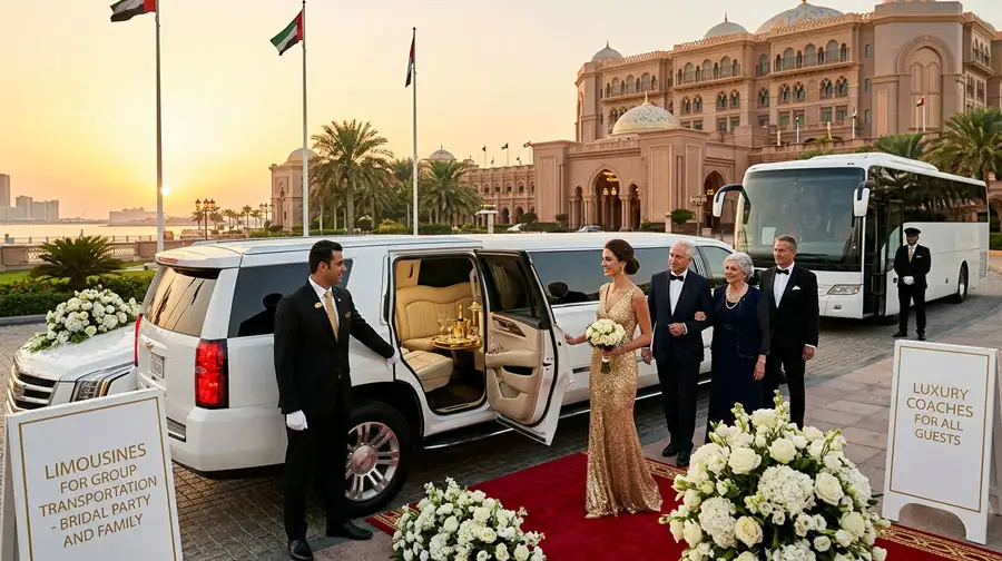 A wide-angle view of a white luxury limousine and a premium coach bus parked at a majestic Abu Dhabi palace entrance, illustrating various family and bridal party options for selecting wedding transport in Abu Dhabi for large groups.
