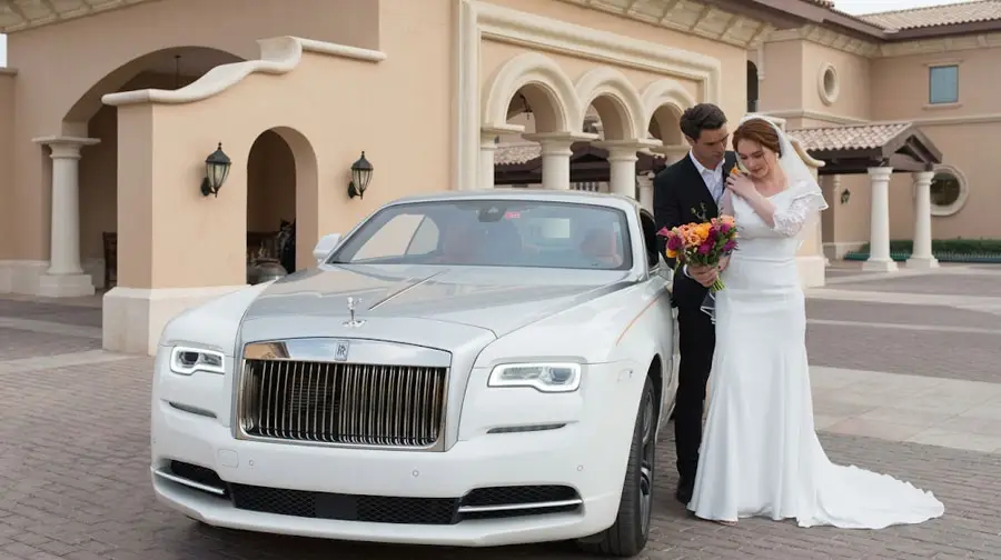 Bride and groom standing beside a white Rolls-Royce luxury car at a elegant venue in Abu Dhabi for wedding transport.