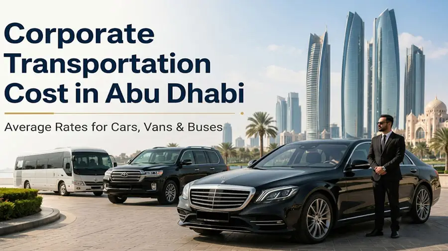 Luxury black sedan, SUV, and white bus with a suited chauffeur standing beside them against the Abu Dhabi skyline.