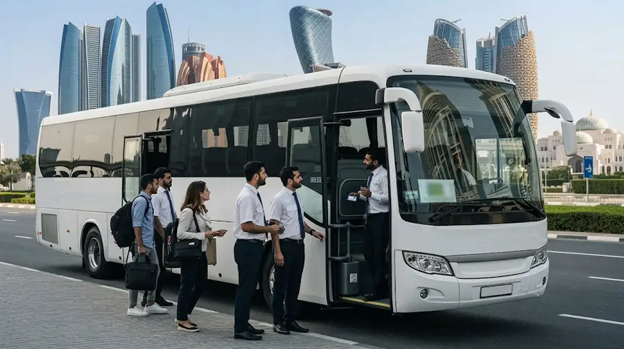 White coach bus with business professionals boarding near the door against the Abu Dhabi skyline.
