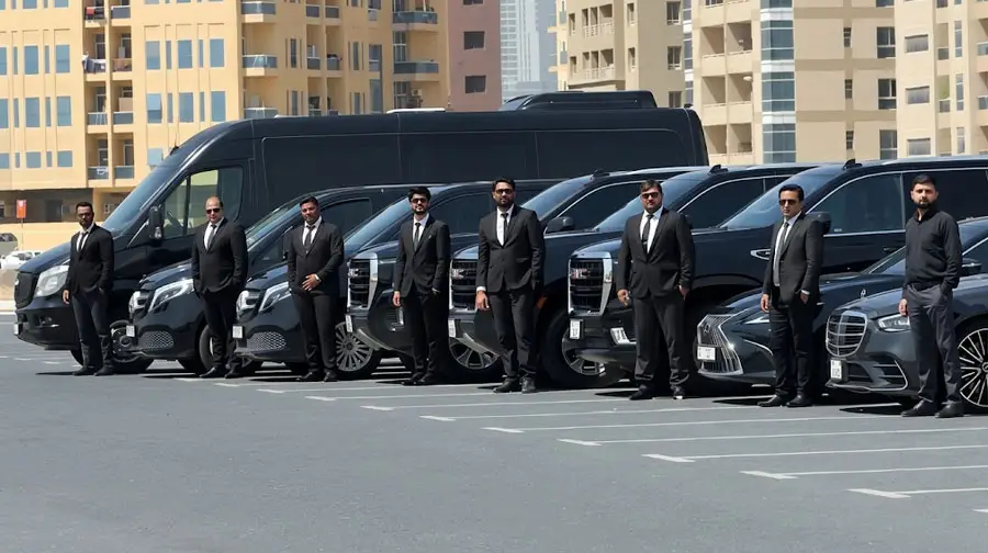 Row of black luxury vans and SUVs with chauffeurs in suits standing in front in an Abu Dhabi parking area.
