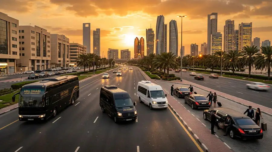 An aerial view of diverse vehicles, including a large coach, smaller buses, a van, and several luxury sedans and limousines, lined up on a modern highway with the Abu Dhabi skyline in the background, serving as a visual reference for a Guide to Group Transportation Options in Abu Dhabi.