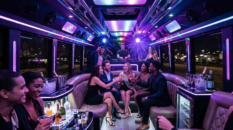 Vibrant interior of a party bus featuring multiple passengers mingling and plush seating, highlighting the nightlife segment of our Abu Dhabi collective transit handbook.