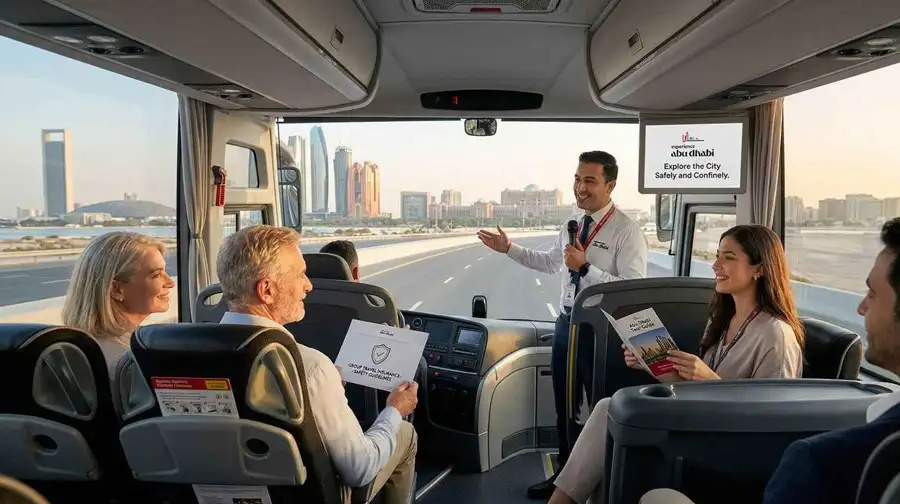 A professional guide presenting safety protocols and route specifics to passengers aboard a modern coach, illustrating a vital component of a Manual for Collective Travel Solutions in Abu Dhabi.
