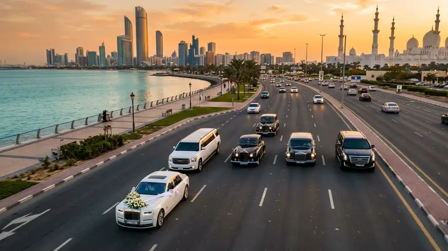 Elegant wedding vehicles driving past the Abu Dhabi seaside at dusk, as detailed in our guide to bridal transportation rates and packages in Abu Dhabi.