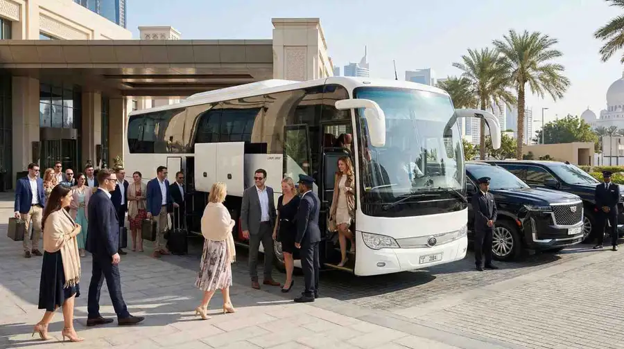 Well-dressed guests entering a white luxury motorcoach parked near black SUVs at an upscale Abu Dhabi venue, illustrating the fleet choices found in a wedding transport rates guide for the UAE.