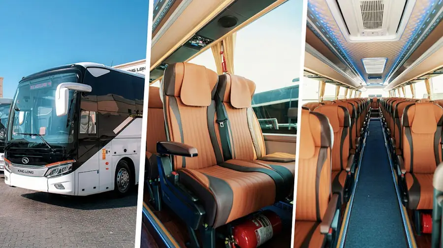 King Long luxury bus exterior, premium beige leather seats, and spacious air-conditioned interior of a coach in Abu Dhabi.