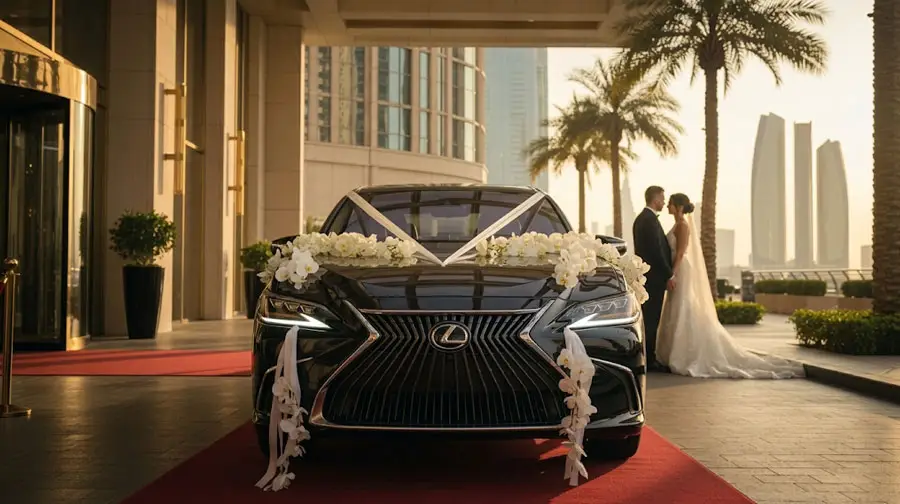 Black Rolls-Royce decorated with white flowers and ribbons on a red carpet, with a bride and groom standing nearby against the Abu Dhabi skyline.