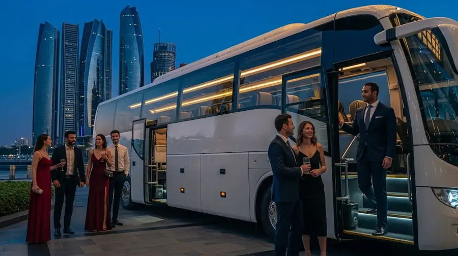 White luxury coach bus at night with formally dressed guests boarding, set against the illuminated Abu Dhabi skyline.