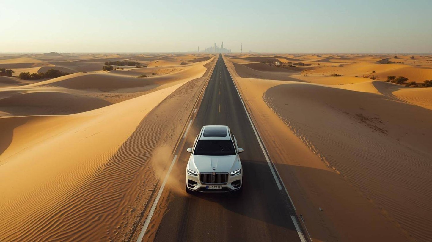 Modern luxury SUV traveling smoothly on a highway surrounded by golden desert dunes, symbolizing comfortable intercity transfers in Abu Dhabi.