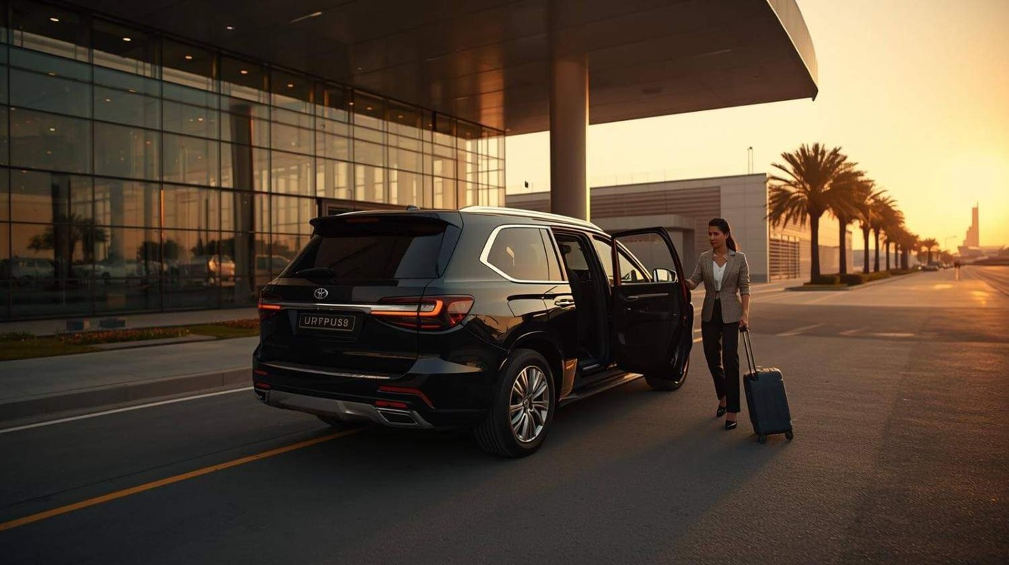 Premium SUV waiting outside Abu Dhabi International Airport with a professional driver offering meet and greet service to arriving travelers.