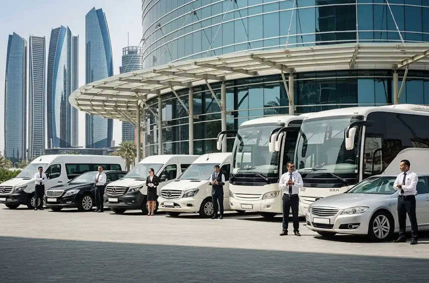 Corporate group transport service vehicles parked in Abu Dhabi corporate office.