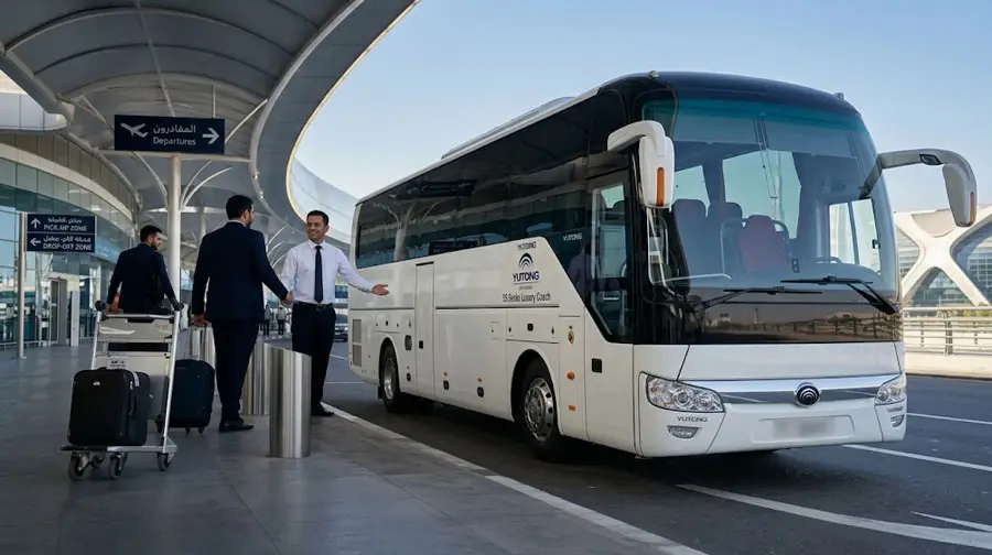 White Yutong 53-seater luxury coach at Abu Dhabi airport terminal for large group airport transfers with professional staff and luggage.