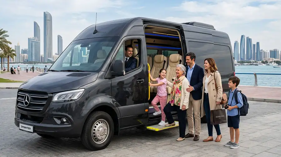 Family entering a sleek Mercedes Sprinter van, highlighting the premier elite transport solutions available for Abu Dhabi city excursions.