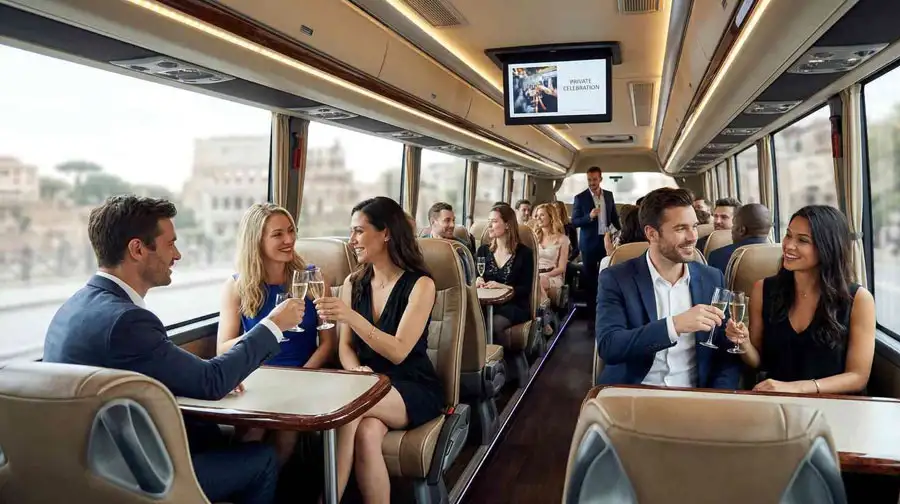 Corporate team relaxing with high-end refreshments and seating inside a coach from the top-rated executive coach hire in Abu Dhabi.
