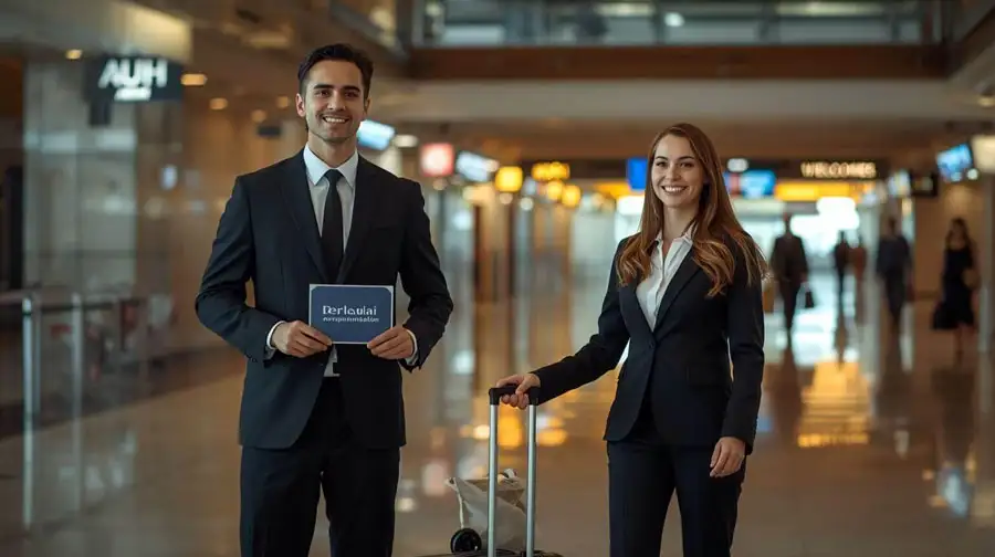 Professional chauffeur holding a name sign at Abu Dhabi International Airport, greeting travelers in the arrivals area with a warm welcome.