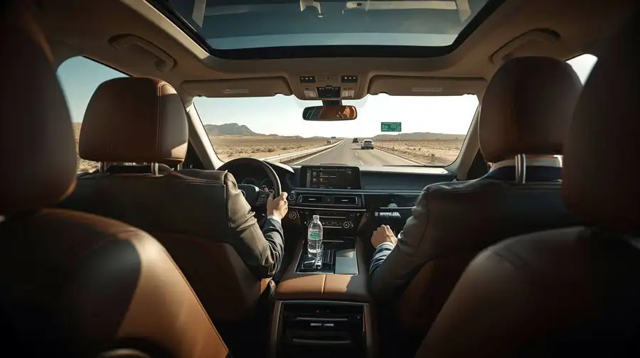 Inside a luxury SUV during an Abu Dhabi to Dubai transfer, showcasing the comfortable interior with Wi-Fi and a scenic desert highway view.