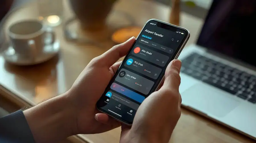 Close-up of a person booking an Abu Dhabi airport transfer through a smartphone app, displaying vehicle options and confirmation details.