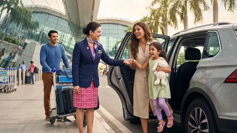 A smiling female airport staff member in a blue uniform and pink patterned skirt welcomes a mother and young daughter at a silver SUV, while the father stands nearby with luggage carts at Abu Dhabi International Airport.