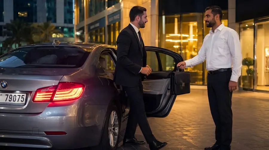 Businessman exiting BMW as chauffeur holds briefcase outside Abu Dhabi building at night.