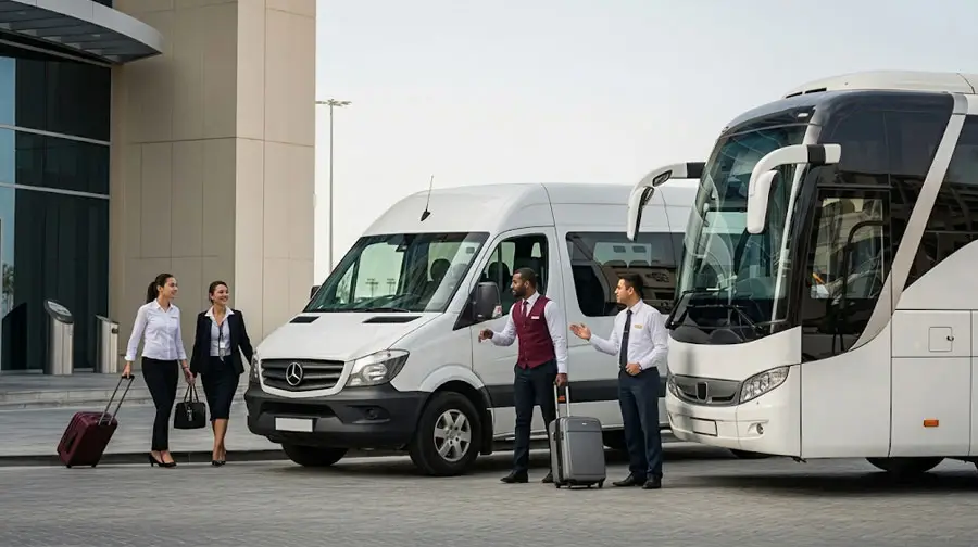Corporate travelers greeted by staff beside van and coach in Abu Dhabi.