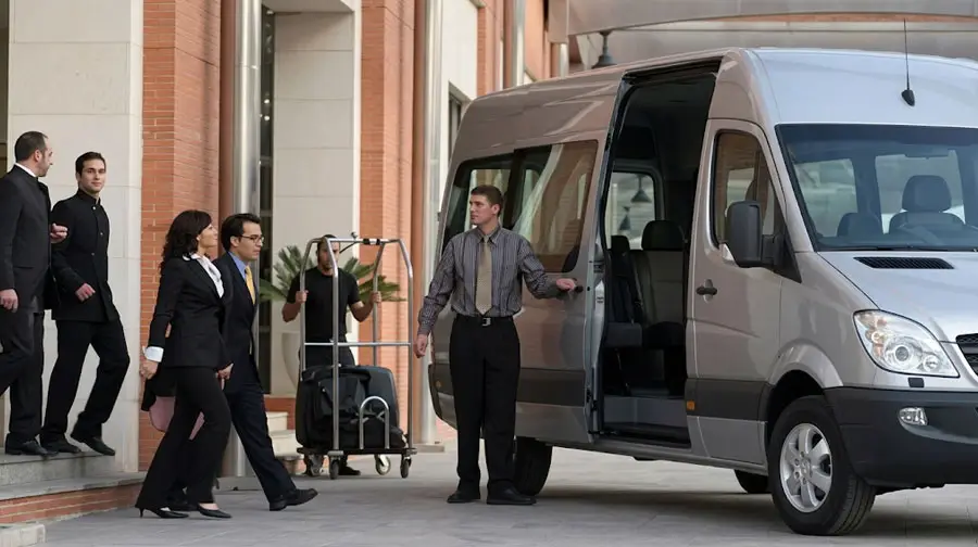 Executives boarding shuttle van with luggage outside Abu Dhabi building.
