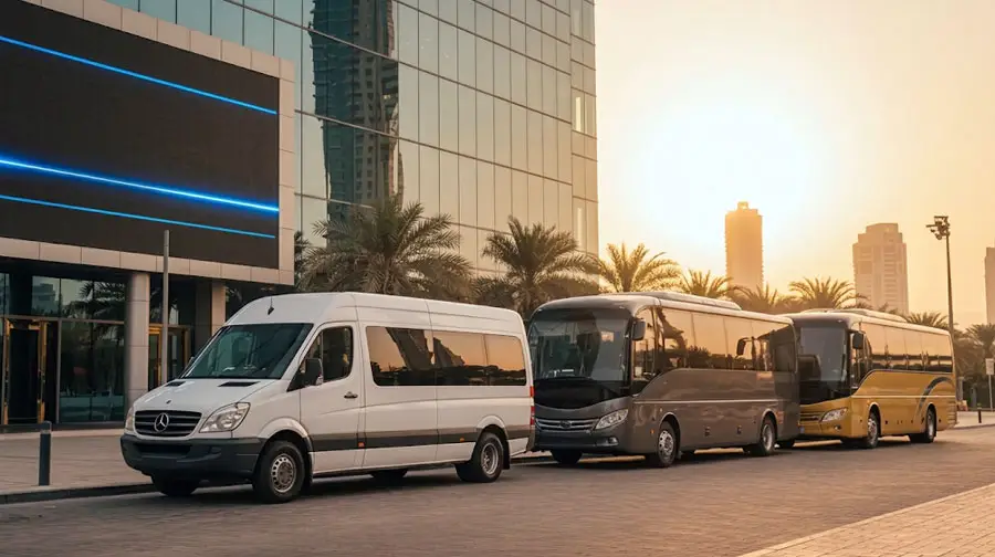 Fleet of luxury Mercedes Sprinter van and event buses lined up outside a modern glass skyscraper in Abu Dhabi at sunset.