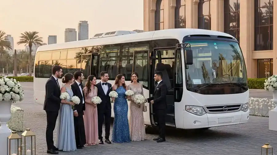 Elegant wedding party dressed in formal wear standing beside a white passenger shuttle bus outside a luxury venue in Abu Dhabi.