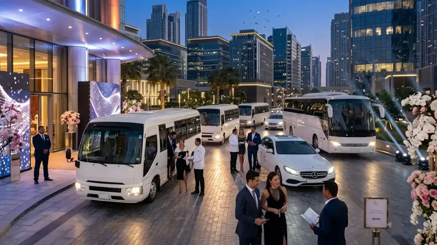 Fleet of VIP buses, minibuses, and luxury sedans transporting guests outside a lit event venue in Abu Dhabi at twilight.