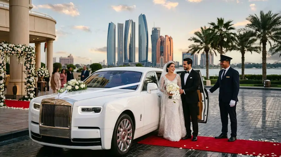 Bride and groom with white Rolls-Royce and chauffeur in Abu Dhabi.