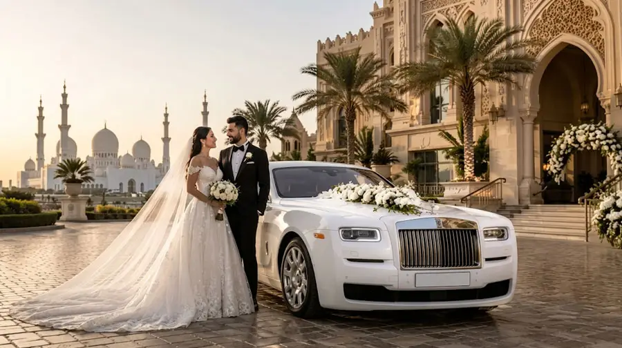 Bride and groom with white Rolls-Royce at Sheikh Zayed Mosque, Abu Dhabi.