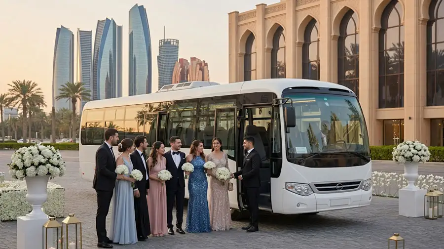 Wedding party with white luxury bus in Abu Dhabi.