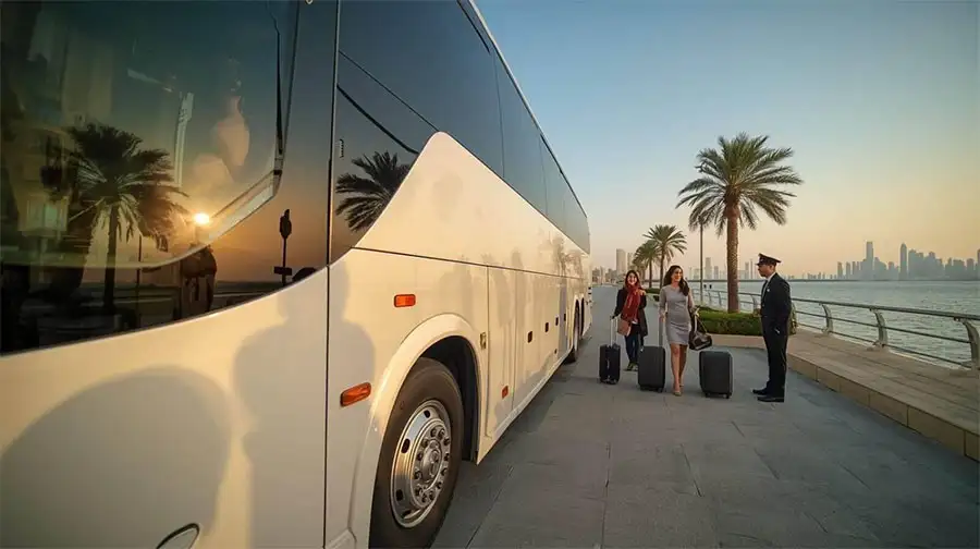 Luxury coach bus parked by Abu Dhabi Corniche with chauffeur and travelers preparing for group transportation.