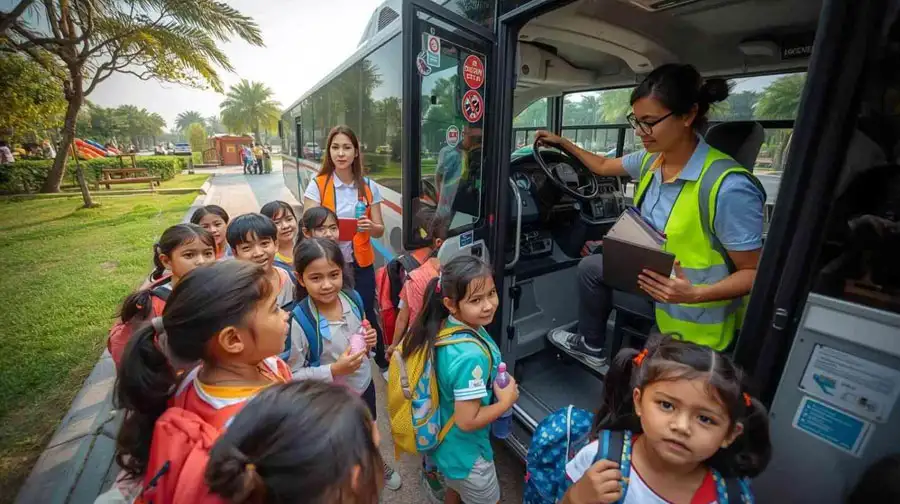School children boarding a safety-certified coach bus with driver and teacher supervising.