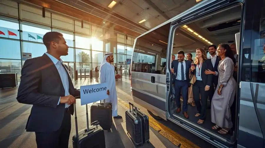 Driver holding a printed welcome sign while assisting travelers with luggage for airport group transport in Abu Dhabi.